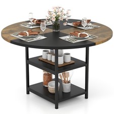 Round Dining Table 120cm 4-6 Seater 2-Tone Wood & Metal 2 Shelves Black