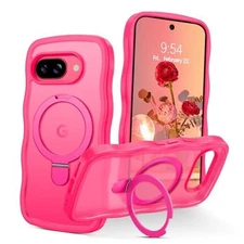  for Google Pixel 9a Case with Stand, Cute Curly Wave Frame Pixel9A Hot Pink
