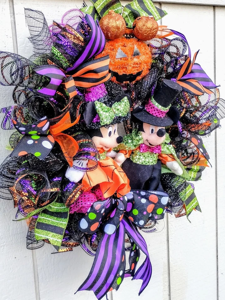Guirnalda de Halloween Mickey y Minnie grande 24" hecha a mano decoración de malla de puerta delantera Foto 2 de 4