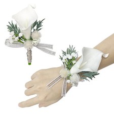 2 Set Calla Lily Artificial Wrist Corsage, Boutonniere, Groom, Bride, Wedding