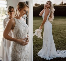 Boho Mermaid Wedding Dresses O-Neck Sleeveless Lace Appliques Beach Bridal Gowns
