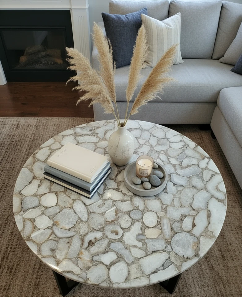 White Agate Coffee Table Top – Natural Gemstone Slab, Luxury Crystal Stone Decor - Image 2 of 4