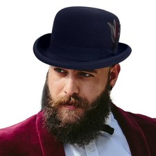 Men's Wool Fedora Hats Women Felt Bowler Derby Hat with Feather Navy X-Large