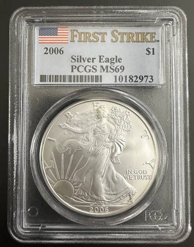 2006 US Silver Eagle $1 PCGS MS69 First Strike Flag Label
