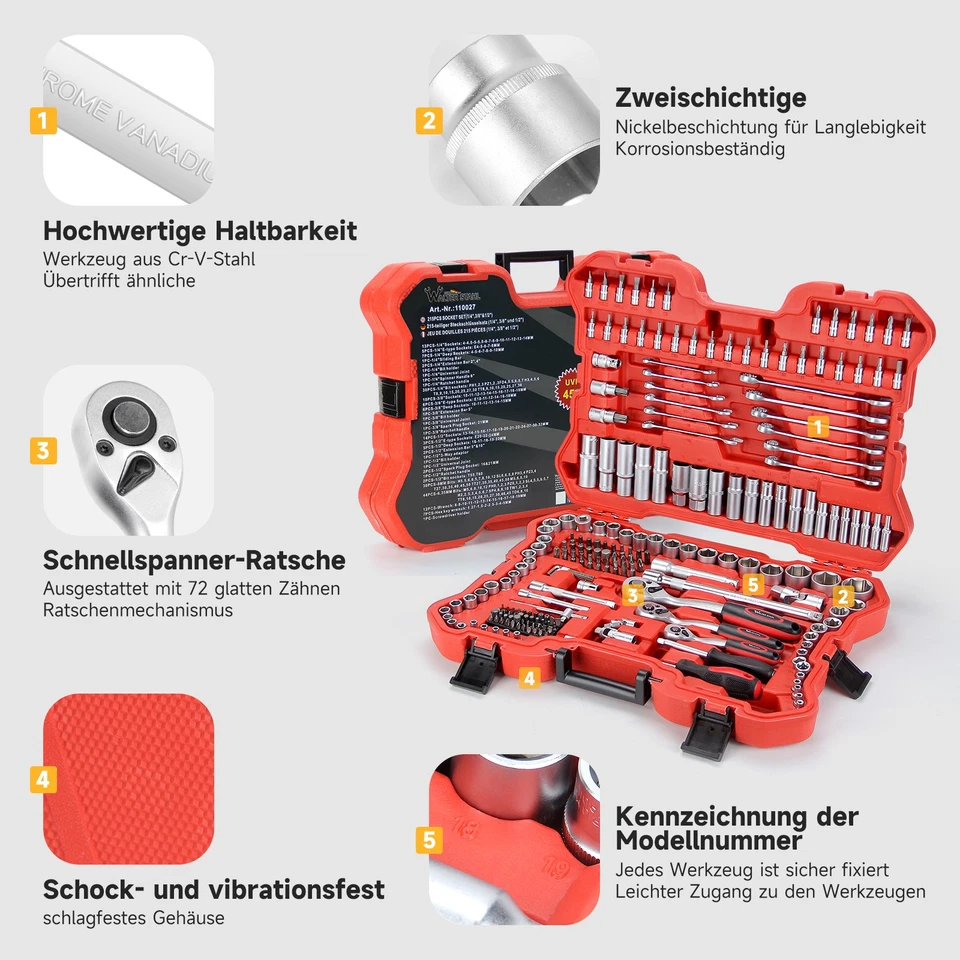 215tlg Werkzeugkoffer Steckschlüsselsatz 1/2" 3/8" 1/4" Knarrenkasten Nusskasten - Bild 4 von 4