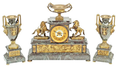 Antique Clock & Garnitures, French Napoleon III,  Marble, Mantel, S. of 3, 1800s