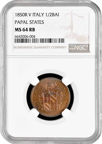 Church State 1/2 Baiocchi 1850 R V, NGC MS64 RB, "Pope Pius IX (1846-1878)"
