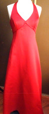David's Bridal RED Satin Halter Dress Embroidered  Trim Down Center Back  Size M