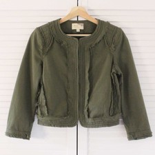 Elizabeth And James Khaki Green 3/4 Sleeve Cotton Collarless Jacket Us 2 Uk 6