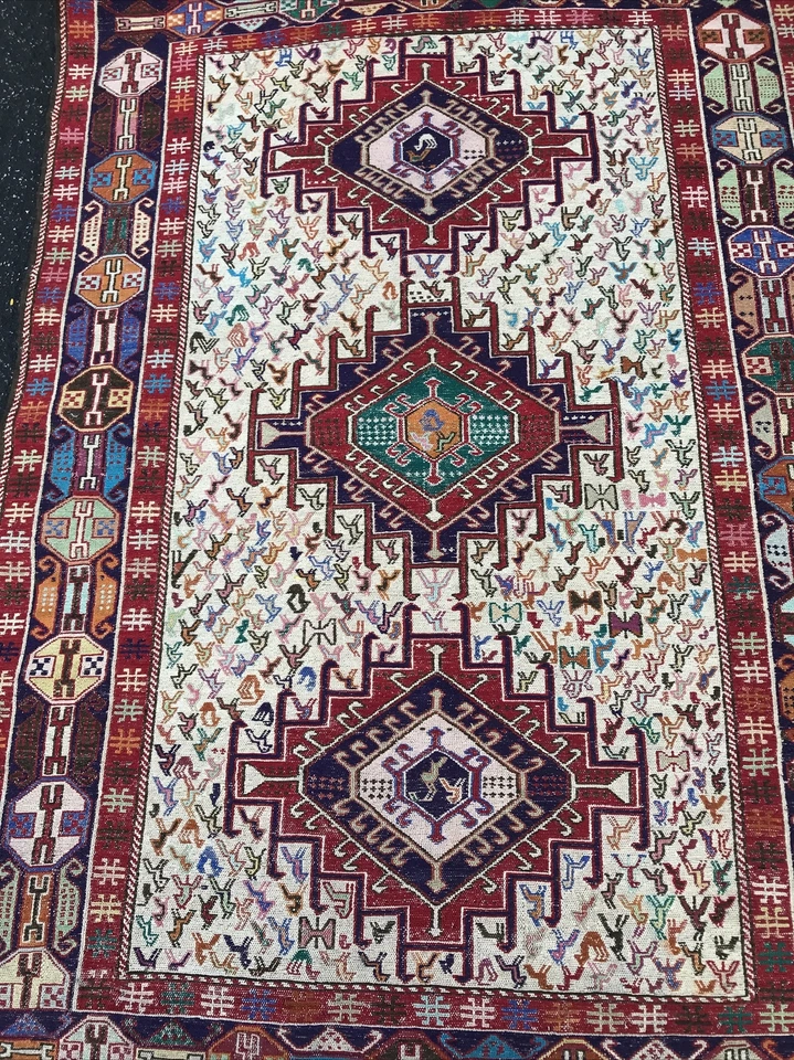 Caucasian Soumak Rug Handmade Vintage 40”x 59” Silk , Cotton Foundation - Image 2 of 4