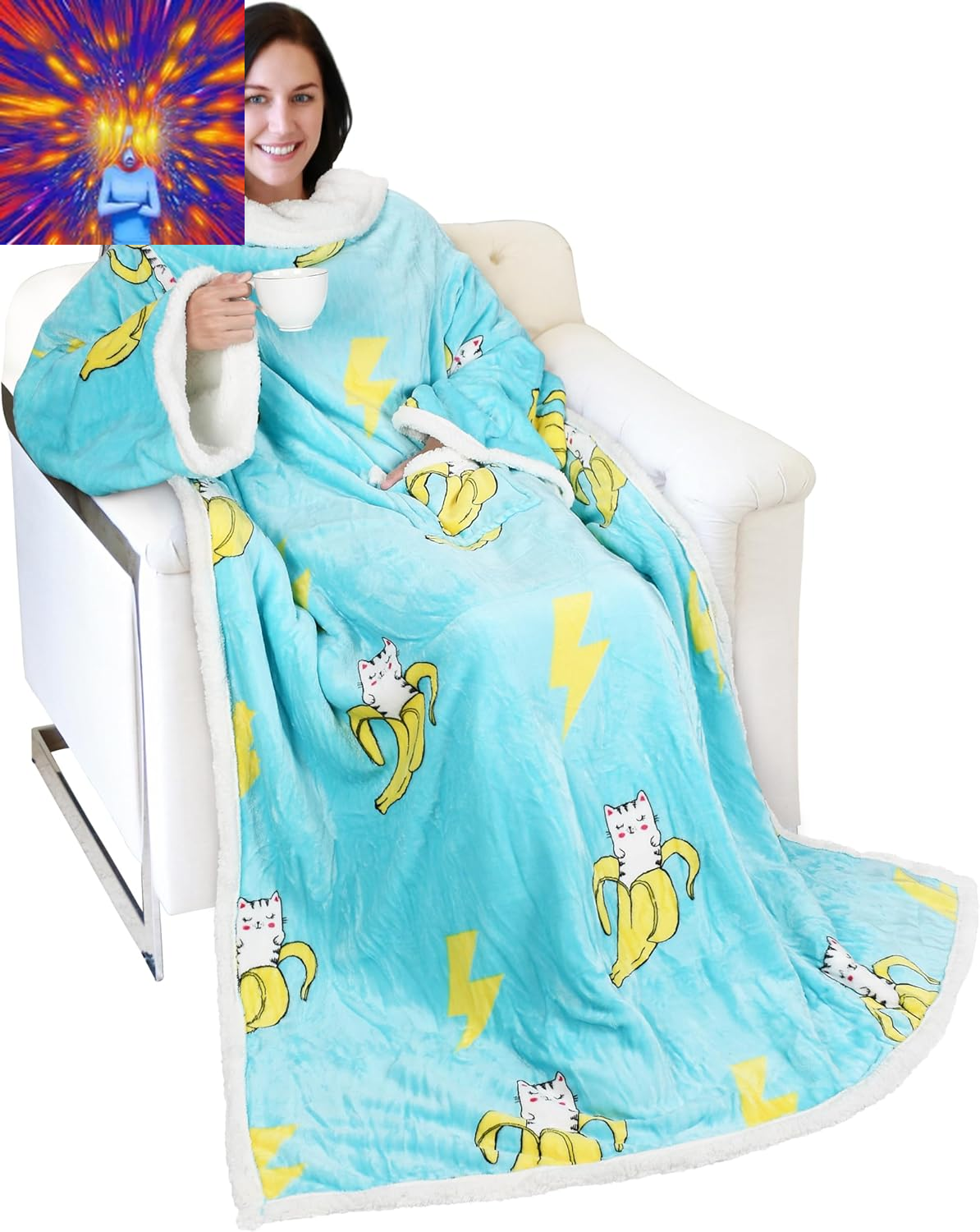 Sherpa Wearable Blanket with Sleeves Arms, Comfy Sleeved TV Wrap Blanket, Large