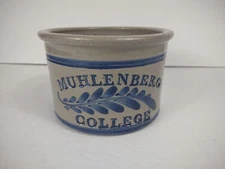 Vintage Muhlenberg College Salt Glaze Stoneware Crock Blue Handmade Signed 4" T