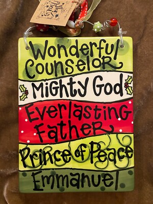 Glory Haus ''Wonderful Counselor'' Christian Ceramic Plaque w/ Wire & Beads ~ NWT