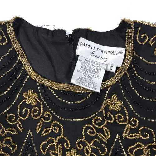 Papell Boutique Evening Silk Gold Beaded Embellished Blouse Scalloped Women's S - Foto 3 di 7