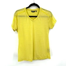 IBEX Women's Yellow 100% Merino Wool Burnout V-Neck Short Sleeve T-Shirt Medium