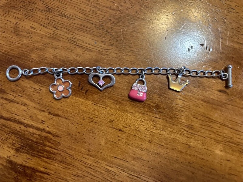 Girls Charm Bracelet w/Flower Heart Purse Crown