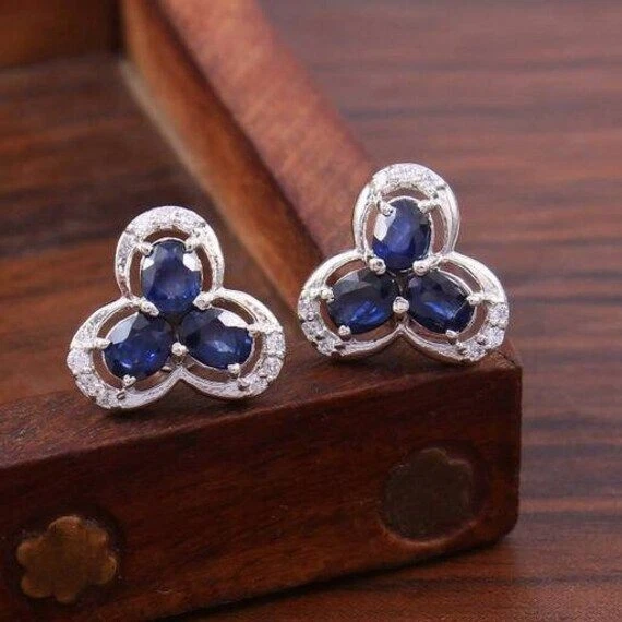 Unique Simulated Sapphire & Moissanite Women Solid 10K White Gold Stud Earrings - Image 3 of 4