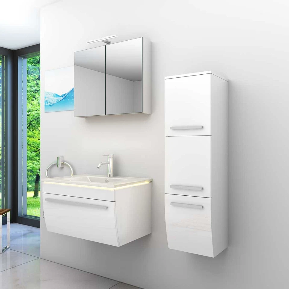 Badmöbel Set Gently 3 V2-R Weiß Badezimmermöbel Badspiegel Waschtisch 80 cm - Bild 2 von 4