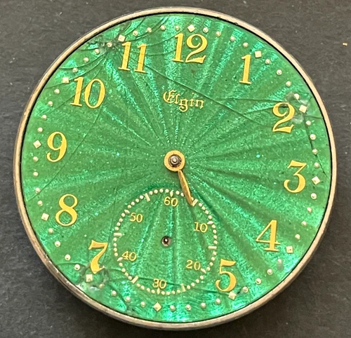 Antique Elgin Grade 303 Pocket Watch Movement Parts Green Enamel Dial 12s 7j USA