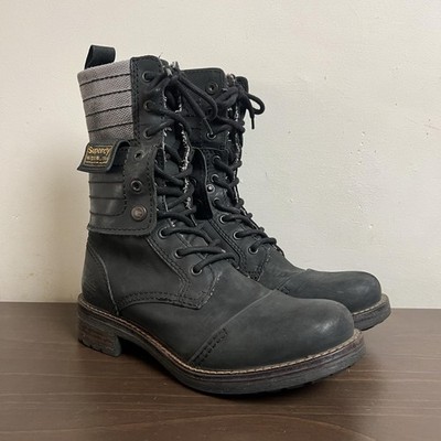 Superdry - Black Leather Distressed Panner Lace Up Boots