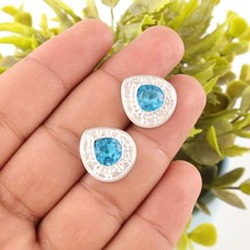 Swiss Blue Topaz Stone 925 Silver Wedding Unique Stud Trendy Earrings Jewelry