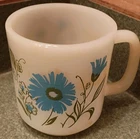 Vintage "Glasbake" Milk Glass Coffee Mug Bright Blue Bachelor Buttons Rare Nice