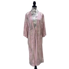 Floral Embroidered Mesh Duster Cardigan Womens OS Pink Boho Lace Kimono Romantic