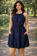 J Crew Silk Blue Black Purple Silk Dress w Pockets 6 Sleeveless Flowy