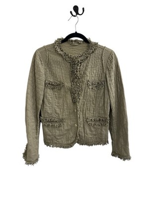 Ermanno Scervino Olive Quilted Button Up Blazer with Fringe Size 42 (US Small)