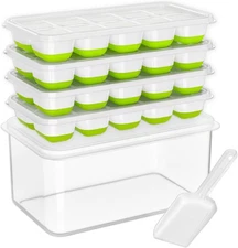 Silicone Ice Cube Trays for Freezer, 4 Pack with Storage Bin &