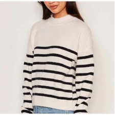 Bailey 44 Navy Blue White Sweater MEDIUM Nautical Fuzzy Soft Long Mockneck $128 