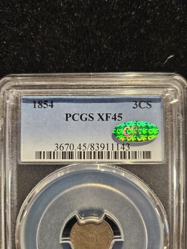 1854 Three Cent Silver 3CS - PCGS XF45 CAC certified - Picture 2 of 5