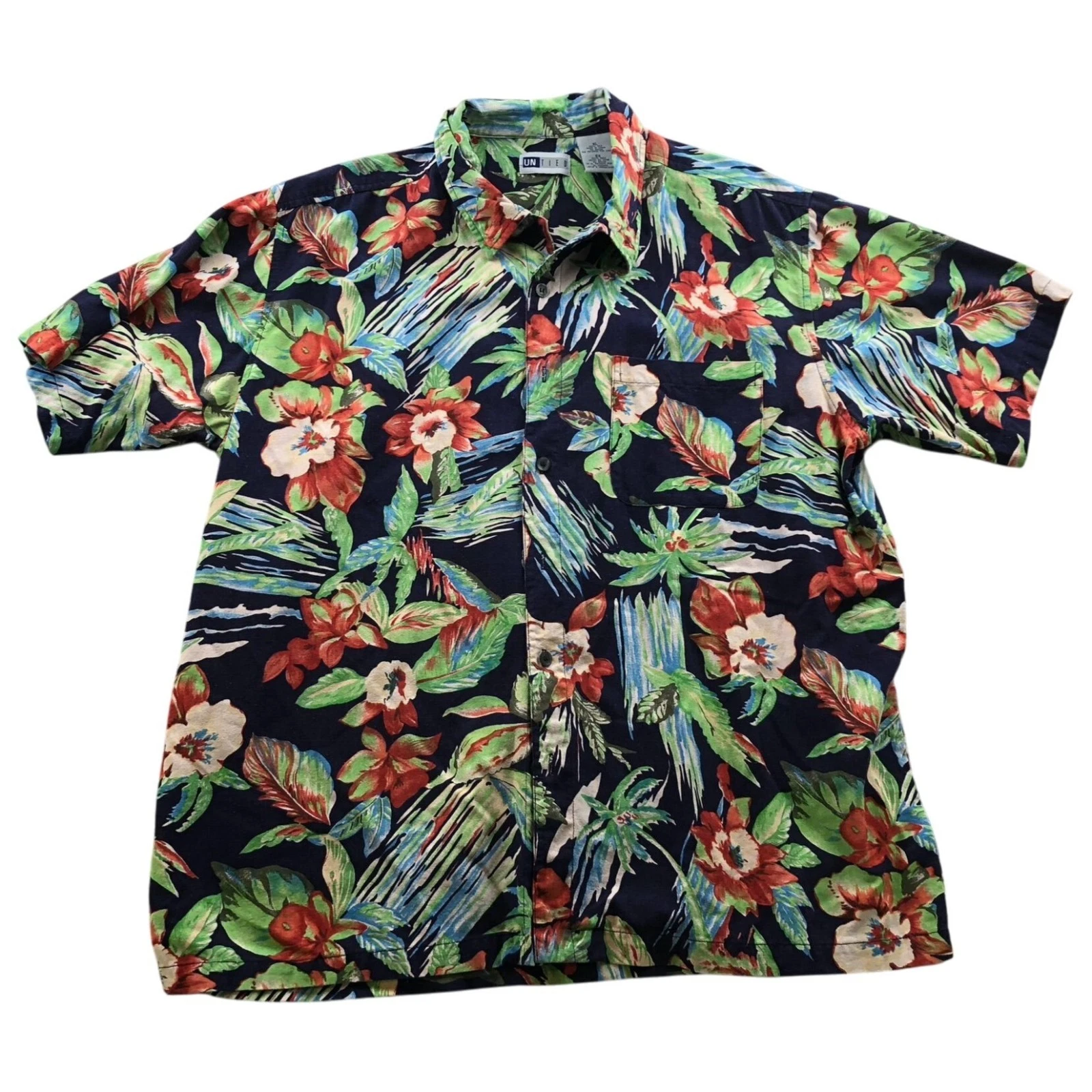 Untied Mens Hawaiian Shirt Size XL 100% Silk Navy Floral Short Sleeve Casual Y2K