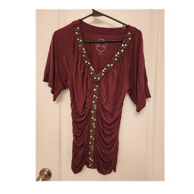 INC International Concepts Beaded Rhinestone Ruched Tunic Blouse Burgundy Junior