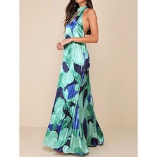 NWT Lulus Women's Prime Poise Green and Blue Abstract Satin Halter Maxi Dress S