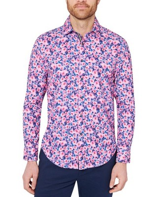 Society of Threads Men's Slim-Fit Pink Floral Performance Button Down Shirt-2XL