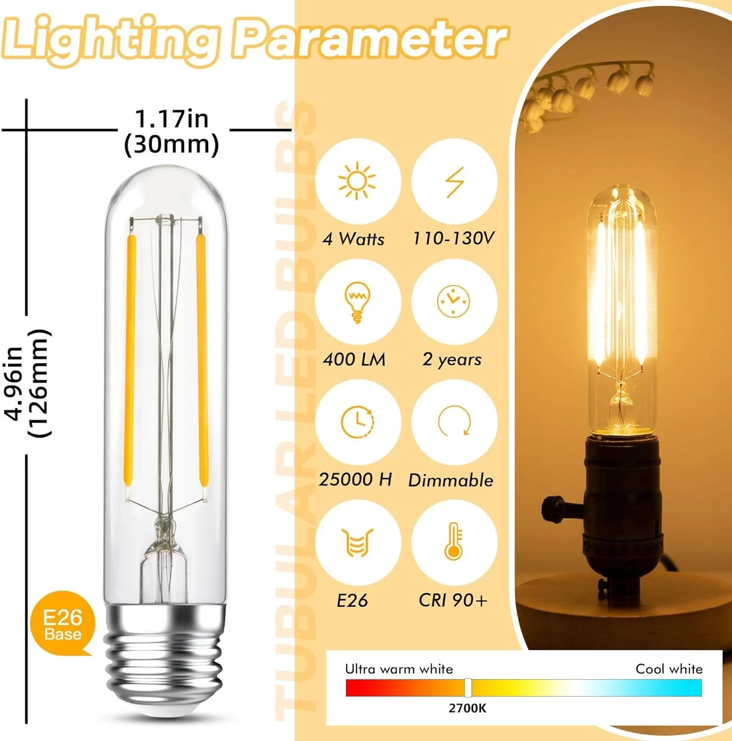 Dimmable Tubular Light Bulbs 40Watt,4W E26 T10 LED Type T 2 Piece, T30-2700k 