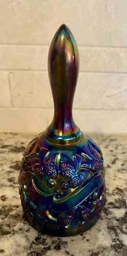 Fenton Cobalt Blue Carnival Glass Bell Lovebird and Ribbon Design