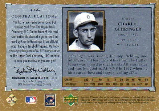 Tarjeta de murciélago 2000 UD SP LEGENDARY CUTS DETROIT TIGERS CHARLIE GEHRINGER USADA EN JUEGOS Foto 2 de 2