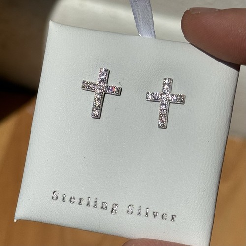 Sterling Silver Diamond CZ Cross Studs Dainty Minimalist Religious Jewelry - Picture 3 of 4