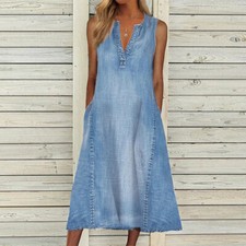 Women V-Neck Sleeveless Denim Jeans Tank Dress Ladies Casual Loose Midi Sundress