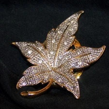 Fall Maple Leaf Dress/Scarf Clip-Textured Metal Small Clear Rhinestones-NOS