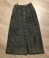 Vintage Saxony Embossed Brown LEATHER A- Line Snap Frnt MIDI SKIRT KOREA Sz 7/8