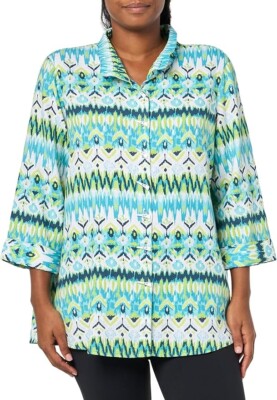 NWT ALI MILES Blue Green Ikat Floral Linen Artsy Toggle Button Up Top SIZE 3X