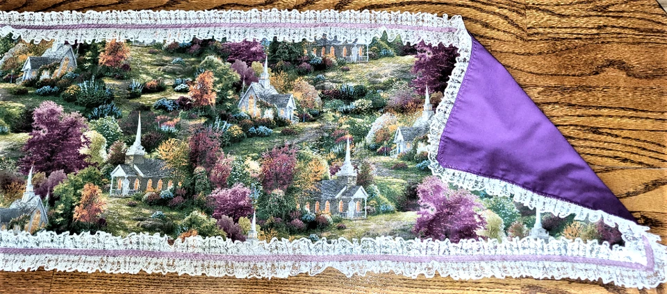 *NEW* Hand Sewn Mauve "Autumn Village Scene" Table Scarf-w/lace 42" X 13" - Image 2 of 2
