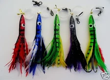 5 pcs 6" Rigged Tuna Clone Feather 3oz Saltwater Trolling Fishing Random colors