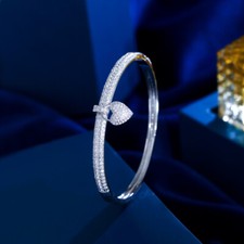 Micro Pave CZ Women Love Heart Shape Charms Silver Plated Round Open Cuff Bangle