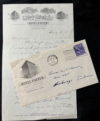 1953 HOTEL PATTEN Chattanooga Tennessee Letter w Envelope Nice Vignette