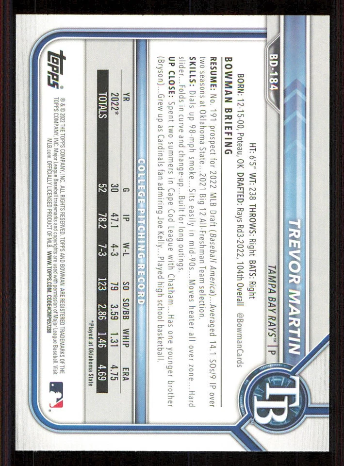 2022 Bowman Draft #BD184 Trevor Martin - Image 2 of 2