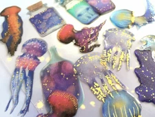 Puffy Gold Jellyfish Ocean Sea Bottle Sticker Sheet Scrapbooking Junk Journal